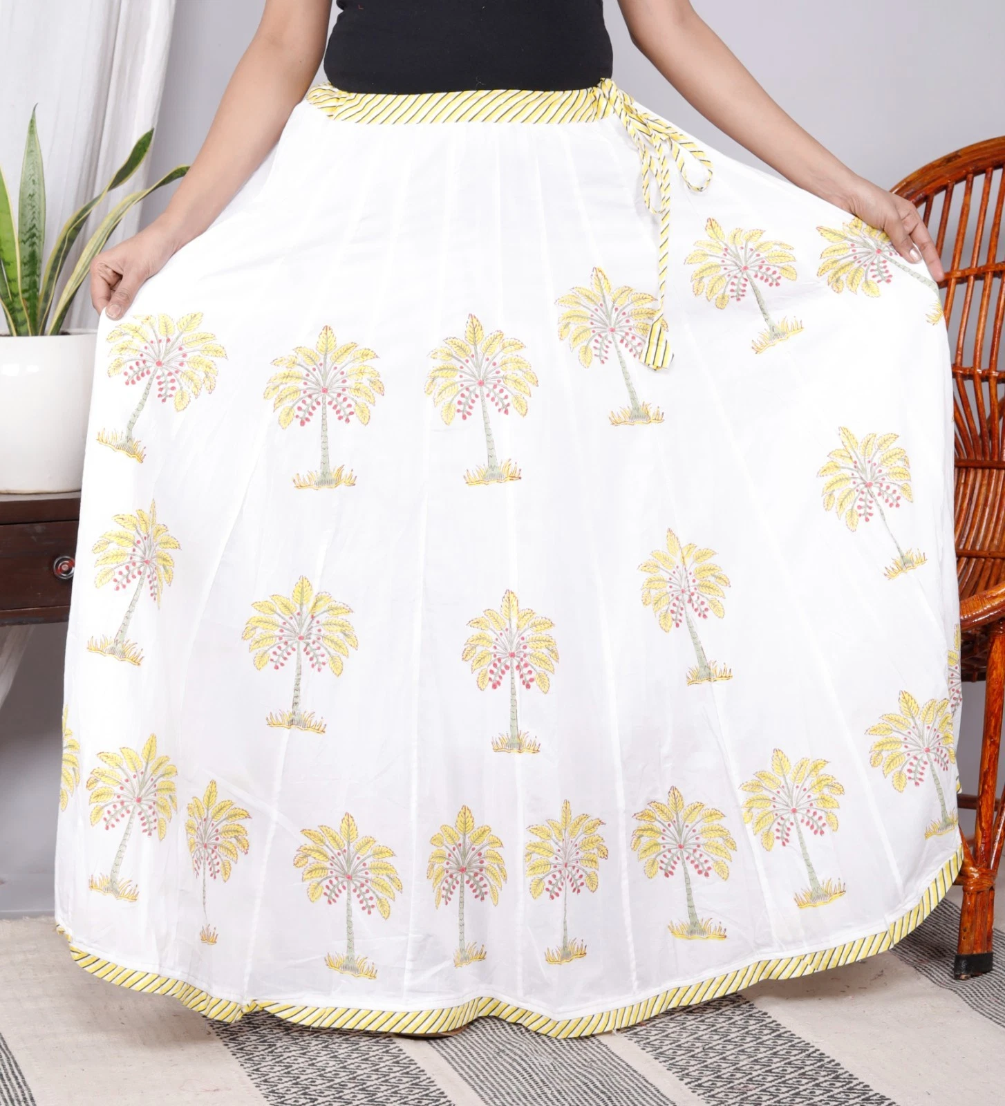 Handmade Palm Tree Print Cotton Long Skirt Boho Tropical Maxi Skirt Summer Wear