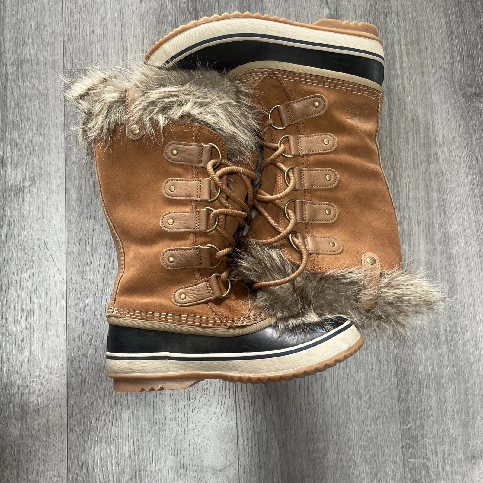 Sorel Joan of Arctic Size 6.5 Leather Snow Boots Lace Up Camel Brown Blue Laces