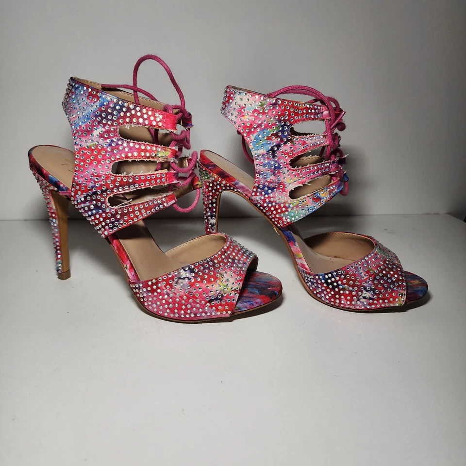 Sandálias com cadarço Thalia Sodi Rhumba strass tamanho 6 rosa-multi-floral - Imagem 4 de 4