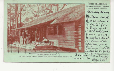 1904 CHICKAHOMINY RIVER VIRGINIA VA VIEW OF LARGE LOG CABIN HUNTING LODGE