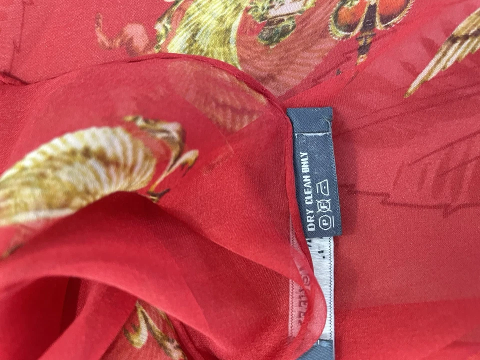 Alexander McQueen Bufanda de Gasa de Seda Rojo Dorado Estampado de Gallo Hecho en Italia Raro #A65 Foto 3 de 4