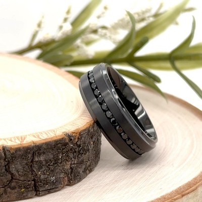 8mm Black Titanium Christmas Ring For Unisex CZ Stones Inlay Hypoallergenic Band