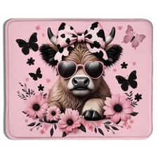 Funny Coquette Pink Floral Highland Cow Mouse Pad 9.5x7.9 Inch,Cute Heifer Co...