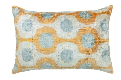 Handmade Uzbek Silk Ikat Lumbar Pillow 16x24 in   Ivory Blue Ochre Graphic Decor