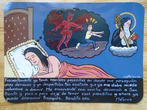 Exvoto Woman has nightmares about demons theme hand painted folkart retablo