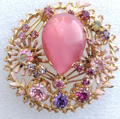 Vintage Austrian Sparkling Gold Tone Brooch with Pastel Stones