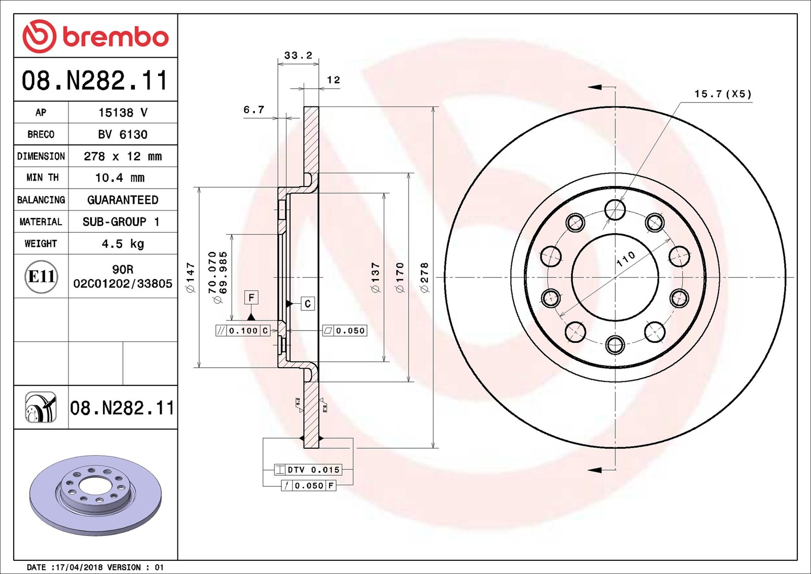 2 x BREMBO 08.N282.11 Disco freno per CHRYSLER,JEEP,JEEP (GAC FCA)