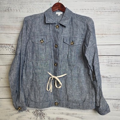 J Jill Love Linen Womens XS Chambray Pocket Tie Linen Collared Button Coat Blue