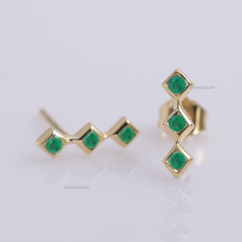 Zambian Emerald Bar Tiny Studs Earrings In Solid 14K Yellow Gold Birthday Gift - Picture 4 of 8