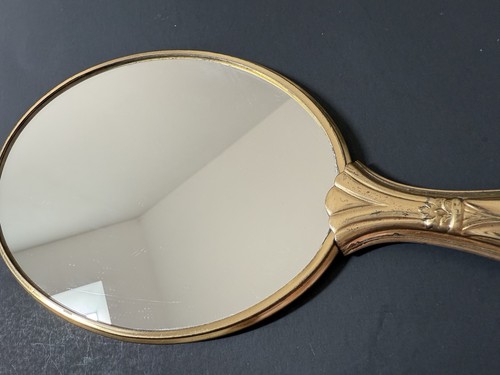 Vintage Victorian Style Vanity Hand Oval Mirror Gold on Silver Brushed Tone Back - Picture 4 of 19