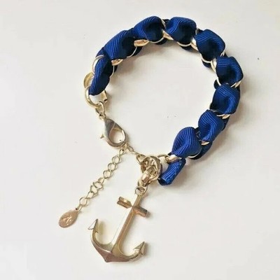 Accessoire Chunky Statement Armband goldfarben Anker königsblau Band Kreuzfahrt