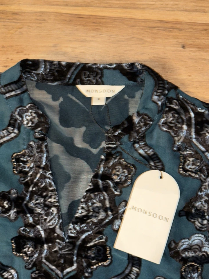 Monsoon Darcy Devore Blouse Top Teal Women’s S V Neck Button Long Sleeve RRP £75 - Image 3 of 4