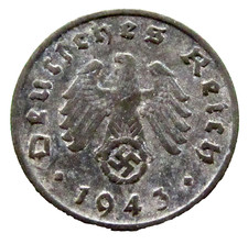 GERMANY THIRD REICH 1943 A 1 REICHSPFENNIG Eagle Holding Swastika, ZINC