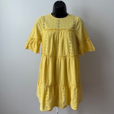 Anthropologie Prose & Poetry sz S Yellow Eyelet Cotton Babydoll Mini Dress NWOT