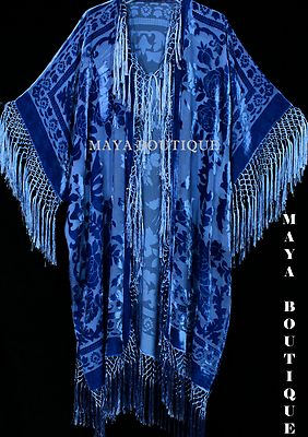 Royal Blue Kimono Duster Fringe Jacket Silk Burnout Velvet Maya Matazaro  Plus