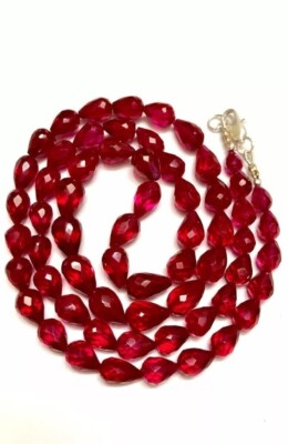 925 Sterling Silver Ruby Corundum Necklace Faceted Teardrop Beads 8-11mm 18 Inch