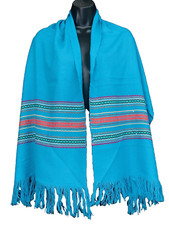 Vintage 1950s woven blue scarf turquoise wool teal stripes rectangle fringe wrap
