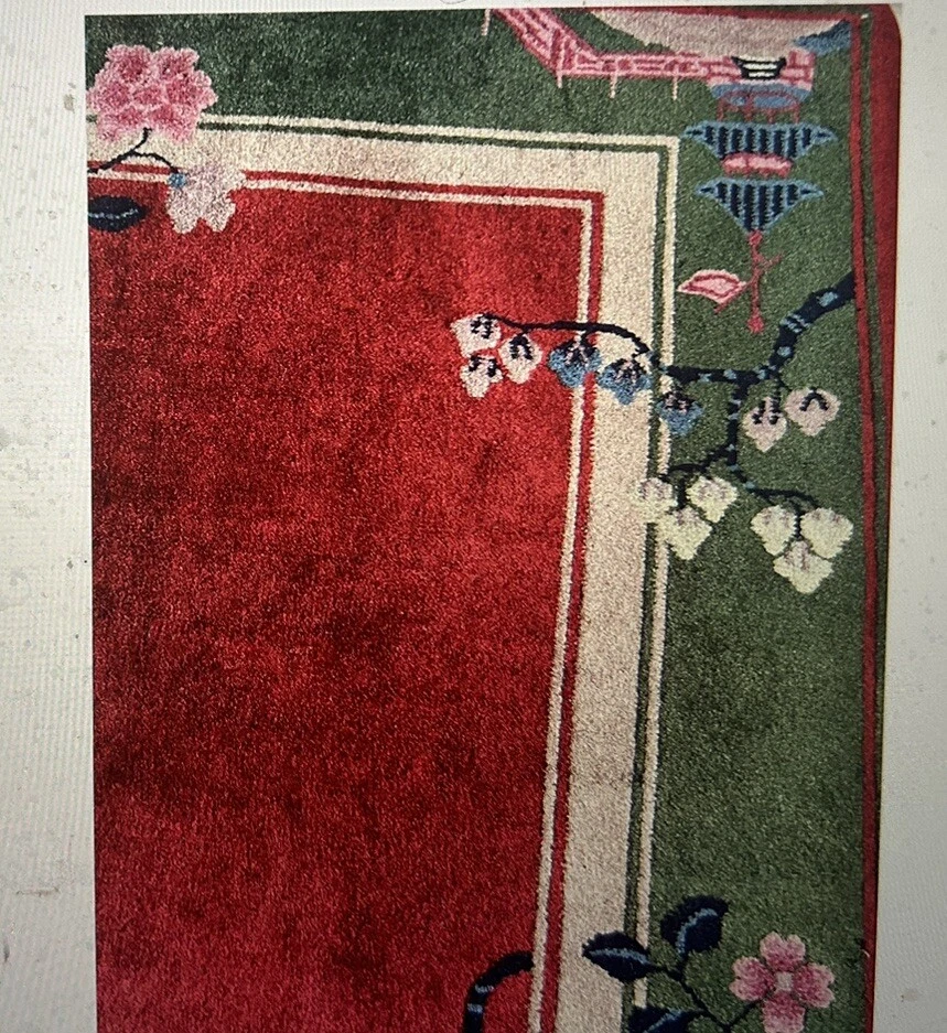 ALFOMBRA ANTIGUA CHINA ART DECO AÑOS 30 LANA ROJO/VERDE BORDE 48 pulgadas X 80 pulgadas Foto 3 de 4