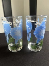 50s 60s MCM Boscul Peanut Butter Flower Drinking Glass 5" MORNING GLORY x 2 Blue
