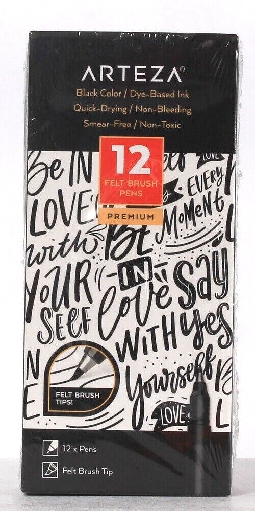 Arteza Premium Black Color 12 Count Felt Brush Tip Pens Smear Free