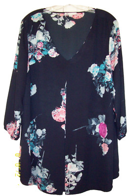 DR2 Floral V-Neck Blouse Plus Sz 2X Navy Blue 3/4 Sleeve SPLIT FRONT OVERLAY
