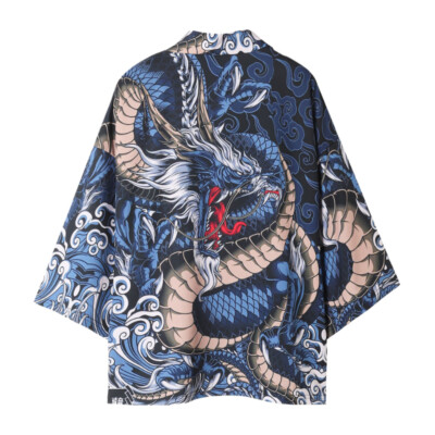 Mens Ethnic Japanese Kimono Retro Crane Dragon Printed Yukata Bathrobe Outwear