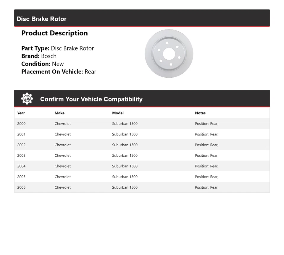 Rotor de freno de disco trasero 2001 para Chevrolet Suburban 1500 Bosch QuietCast 2000-2006 Foto 2 de 4