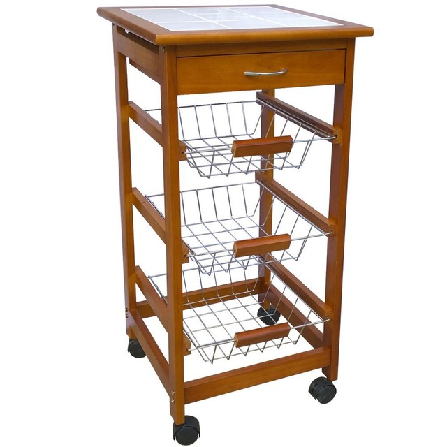 3 Tier Kitchen Trolley Wood Cart Basket Storage Drawer Tile Top By Home