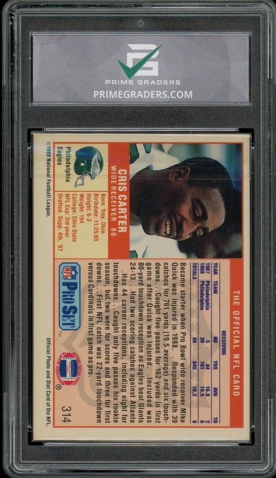 Tarjeta de novato 1989 Pro Set #314 Cris Carter grado 10 gema como nueva RC Eagles Foto 2 de 2