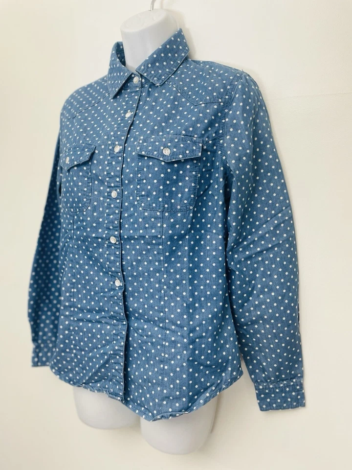 Camisa vaquera a lunares con botones cuello punta talla S Allegra K para mujer Foto 4 de 4