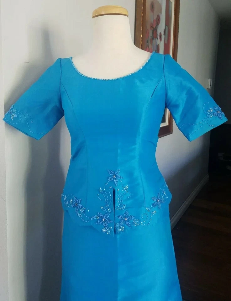 Vestido camboyano para mujer azul cielo Pa'moung/100 % seda dos piezas tubo talla. S Foto 2 de 4