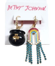 BETSEY JOHNSON ST. PATRICK DAY POT OF GOLD,LUCKY RAINBOW RAIN MISMATCH EARRINGS
