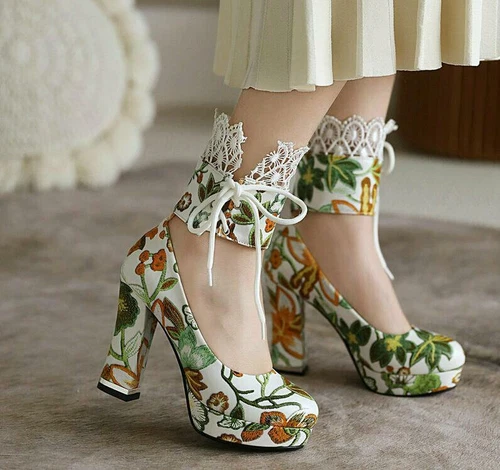 Scarpe da sposa donna stampa retrò punta rotonda pizzo tacco spesso tacco super alto - Foto 9 di 17