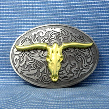 Western Longhorn Skull Belt Buckle Larger Classic Scroll Vintage .GTA062