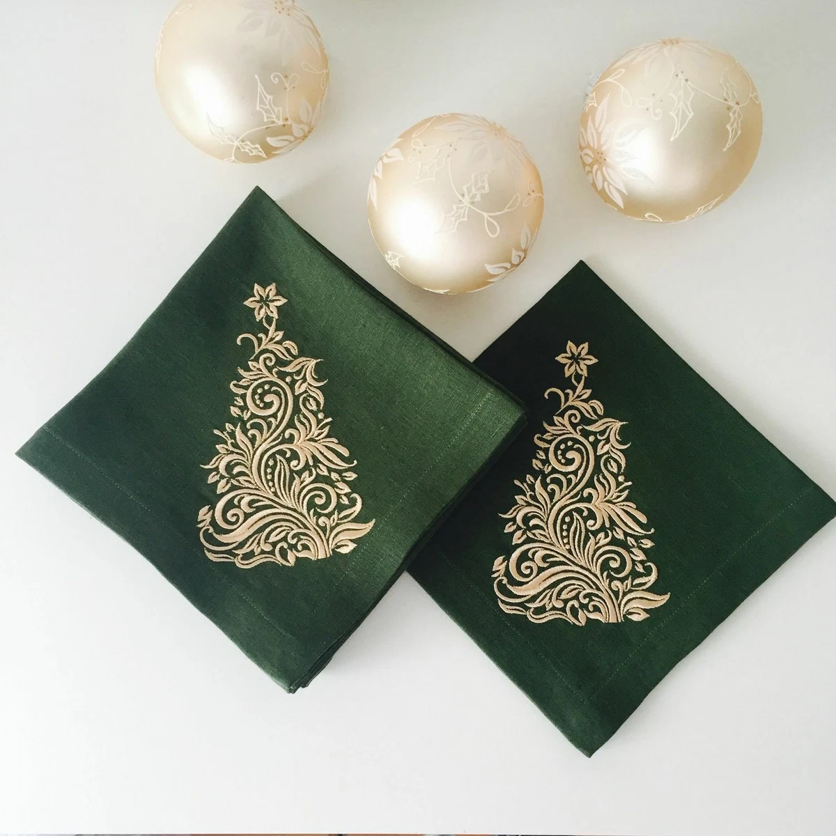 Christmas green embroidered napkins, holiday table decor, cloth dinner  napkins