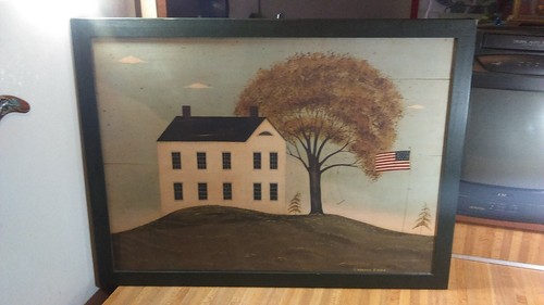 Warren Kimble Framed Folk Art Picture,house,trees,flag,artist signed,30x23,vg! - Picture 2 of 9