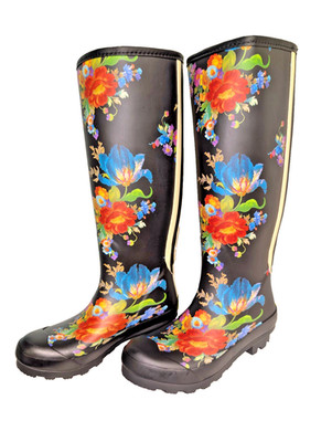 Hunter Mackenzie Childs Black Flower Market Tall Rain Boots sz 5 run large 6