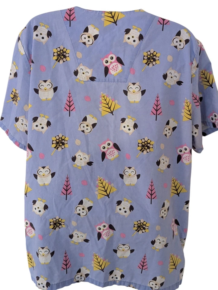 C - Women's Carol's Scrubs Owls Trees Colorful Blue Size L (12-14) Scrub Top - Image 2 of 4