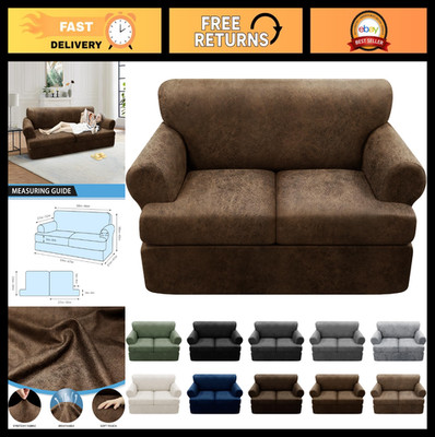 3-Piece T Cushion Loveseat Slipcovers - Stretch Leather Look Couch Covers, Brown
