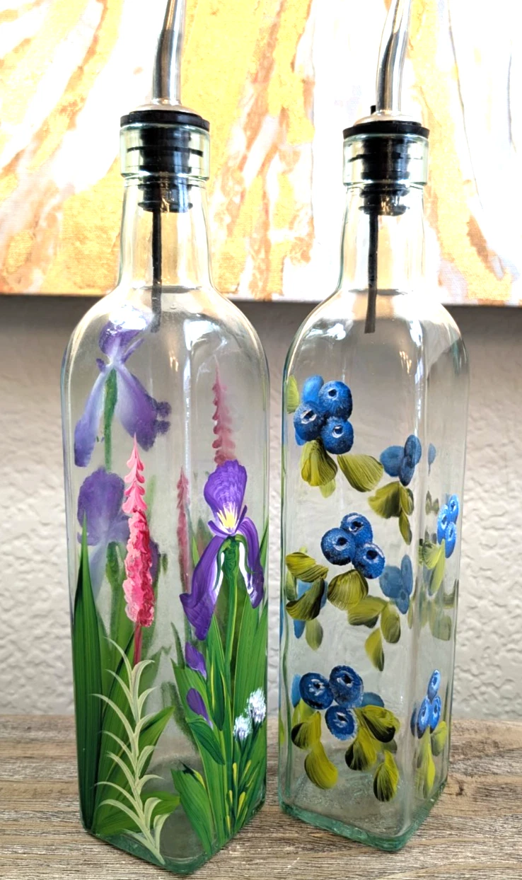 Hand Painted Glass Oil & Vinegar Dispenser Bottles Floral Blueberry Iris Set
Opens in a new window o