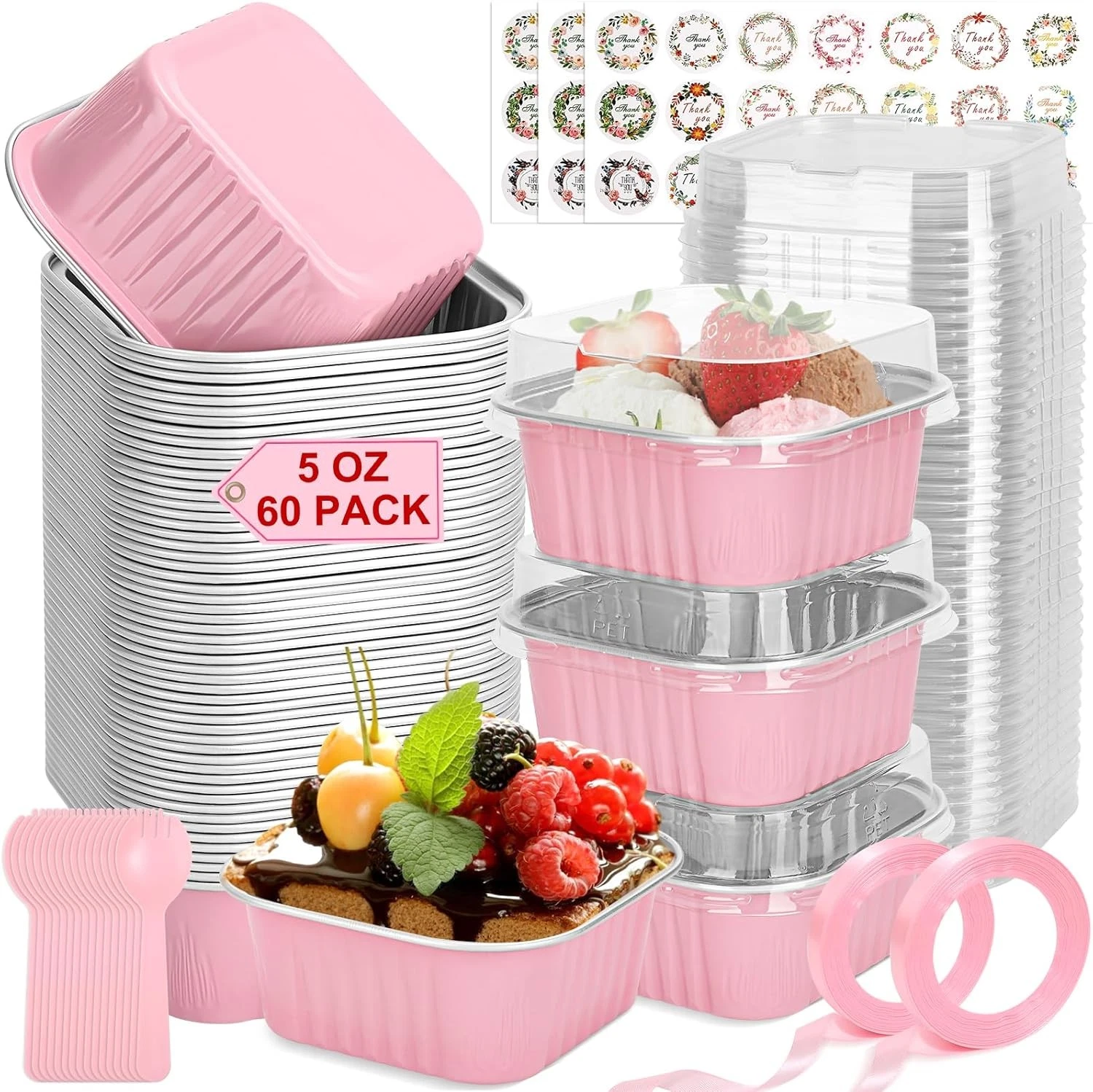 60 Pack Mini Cake Pans W/ Lids & Spoons 5oz Square Aluminum Foil Loaf Pans Pink