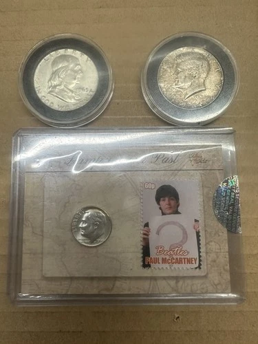 1964 Kennedy, 1963 Franklin Half Dollars & Uncirculated 1964 Dime W/ Stamp