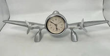 Vintage Silver Metal Airplane Flight Clock JBH Wing Propellers  Desk Art Deco