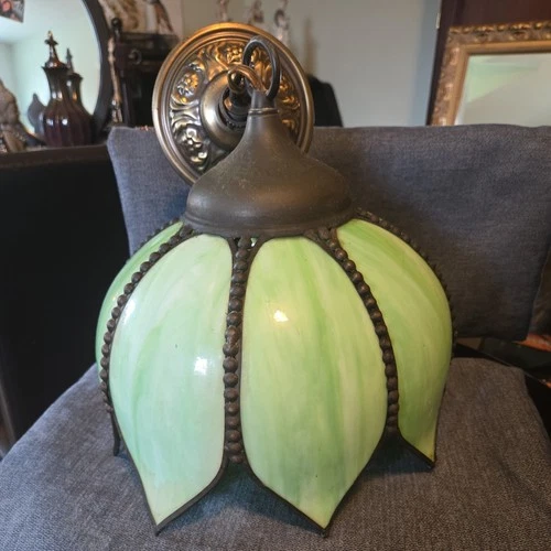 Vintage Tiffany Slag Glass Tulip Pendant Chandelier Lamp – Green Stained Glass