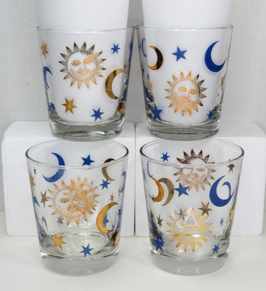 Anchor Hocking's celestial sun/moon/stars MCM tumblers in gold — a full set of visually stunning glassware that's both usable and collectible.