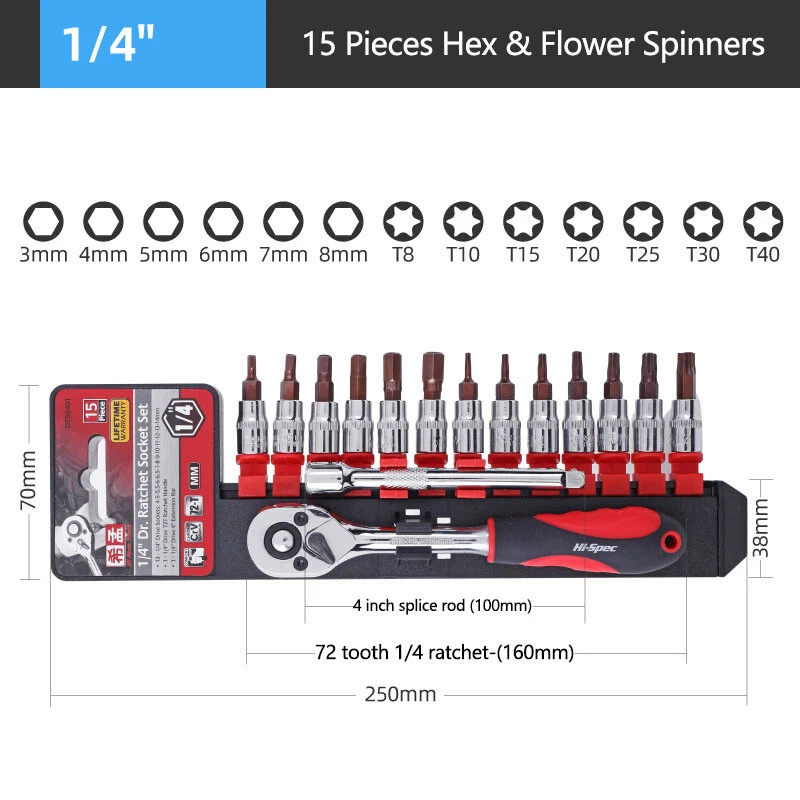 PRO INDUSTRIAL 15Pcs Impact Torx Bit Hex Socket Set 1/4" Drive 3-8mm T8-T40 - Image 2 of 4