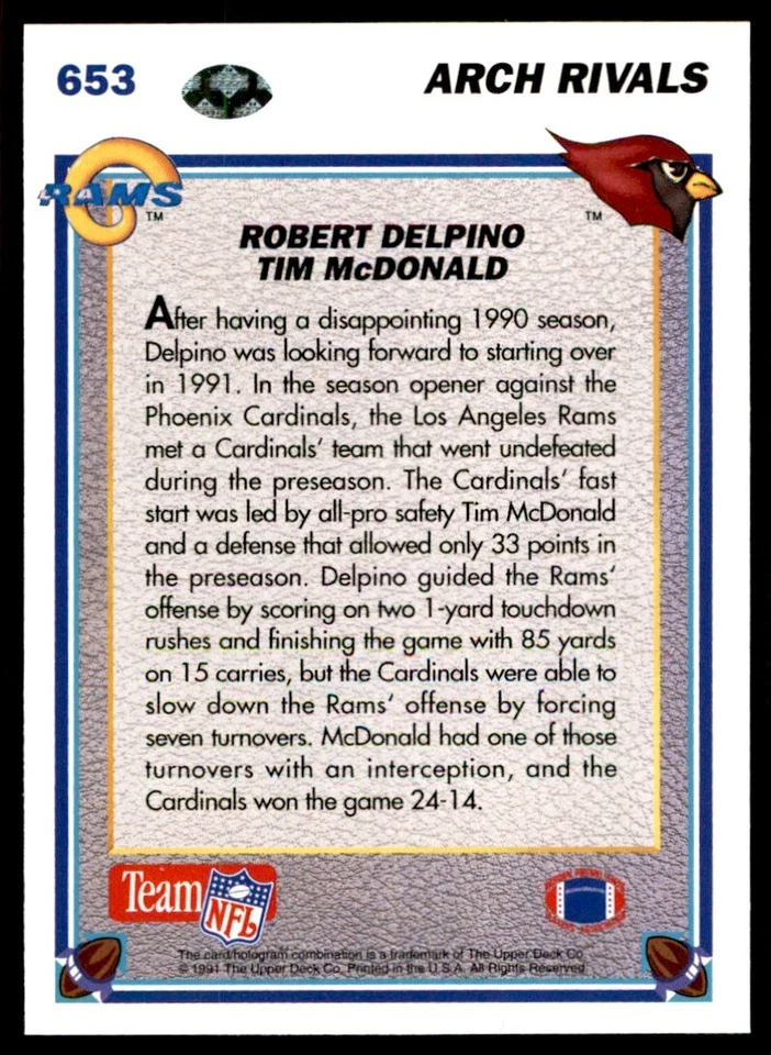 1991 UPPER DECK HIGH # SERIESS ROBERT DELPINO/TIM MCDONALD LOS ANGELES - Image 2 of 2