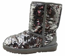 UGG Boots Classic Women  s Mid Size 6 Flip Sequin Sparkle Pink Silver Sheepskin