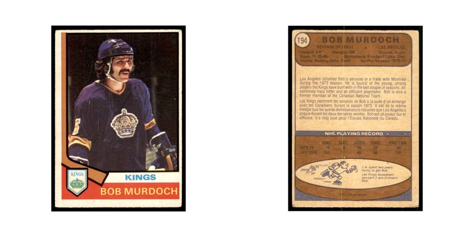 1974 O-Pee-Chee (damaged) Bob Murdoch RC Los Angeles Kings #194 - Image 3 of 3