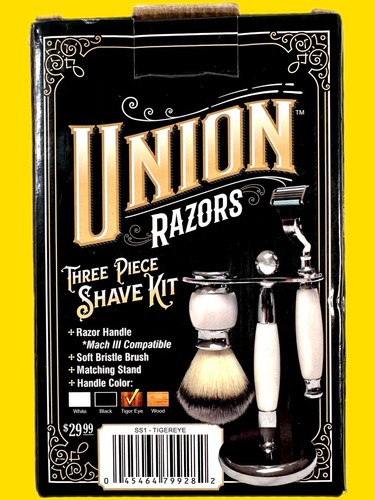 Union Razors Three Piece Shave Kit SS1 TIGER EYE (Mach III Compatible) NEW - Picture 3 of 5